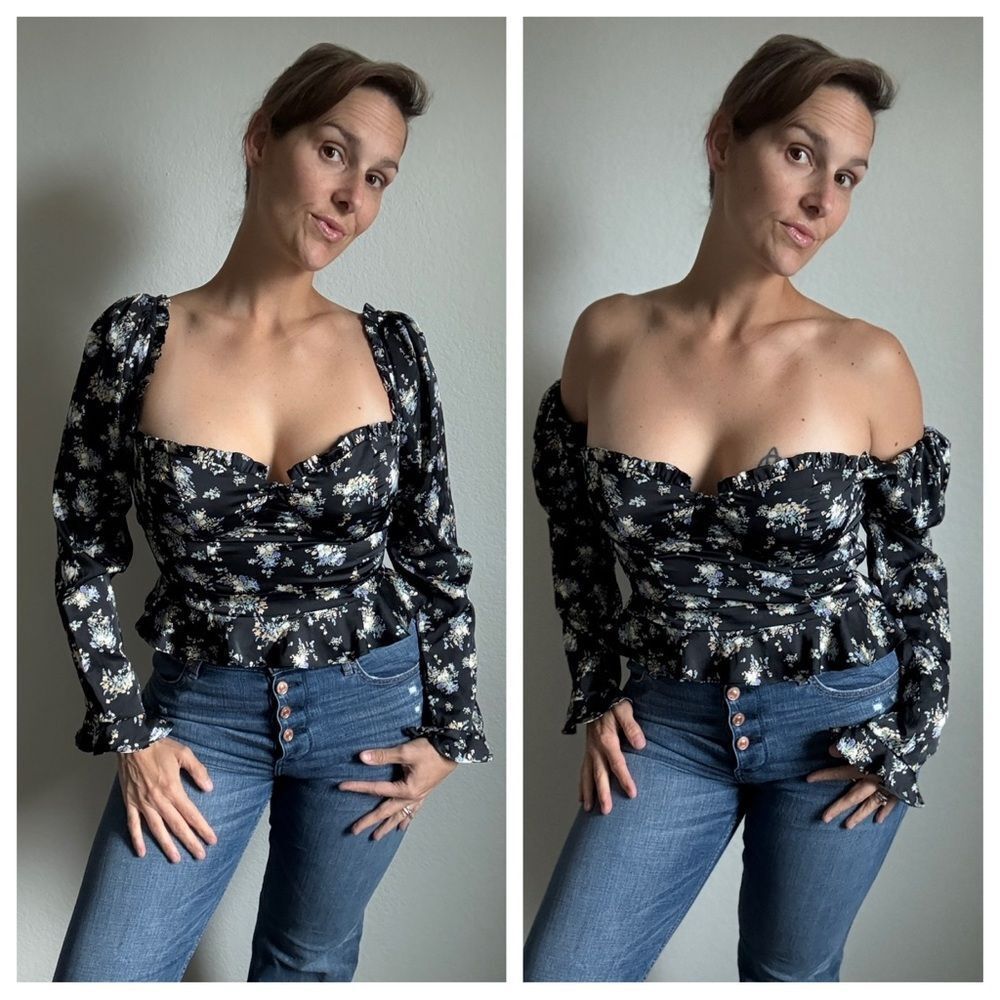 ASTR Black Floral Ruffle Blouse NEW Large Smocked Stretchy